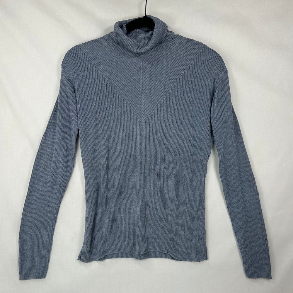 Vintage 90s Carlisle 100% Silk Ribbed Turtleneck Sweater Blue Chevron Knit Top L